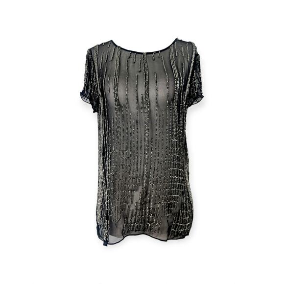 Parker Sheer Beaded Scoop Neck Short Sleeve Blouse - Picture 1 of 9